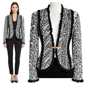 Joseph Ribkoff Blazer Black White Geometric Fringe Trim Size 8
